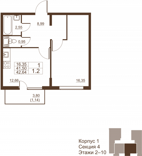 Однокомнатная квартира 42.64 м²