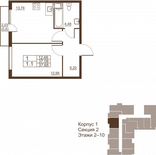 Однокомнатная квартира 37.68 м²