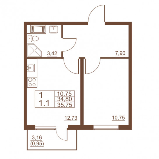 Однокомнатная квартира 35.75 м²