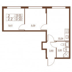 Двухкомнатная квартира 41.49 м²