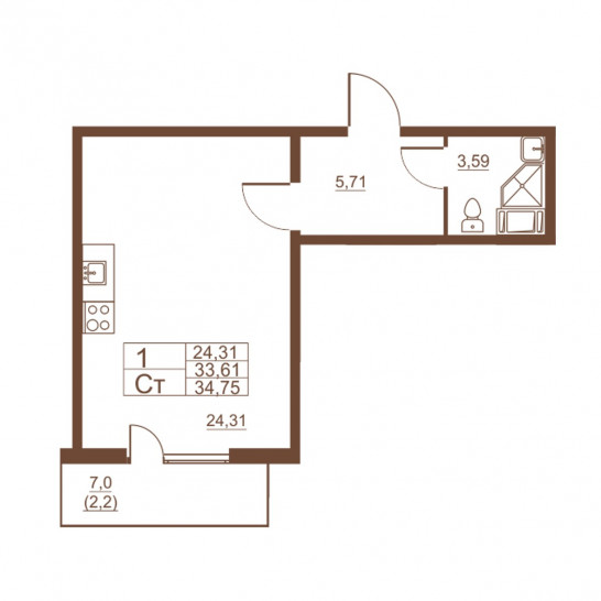 Студия 34.75 м²