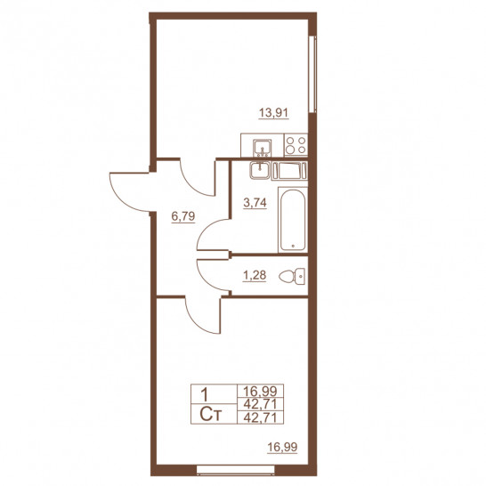 Однокомнатная квартира 42.71 м²