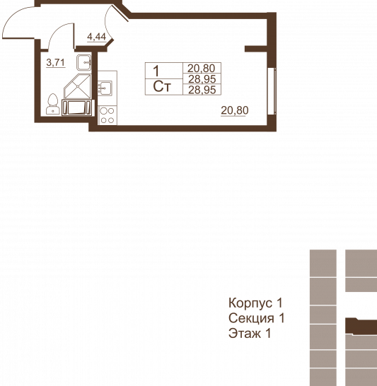 Студия 28.95 м²