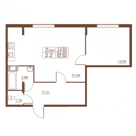 Двухкомнатная квартира 62.66 м²