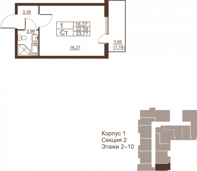Студия 23.77 м²