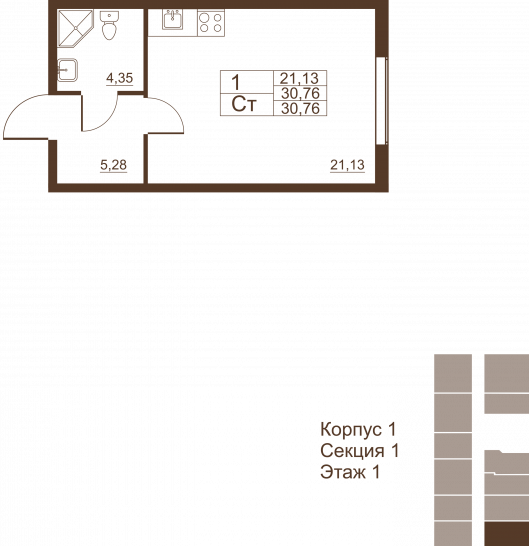 Студия 30.76 м²