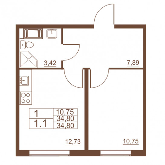 Однокомнатная квартира 34.8 м²