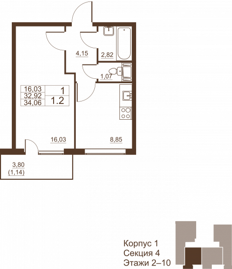 Однокомнатная квартира 34.06 м²