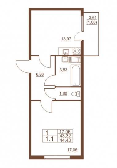 Однокомнатная квартира 44.4 м²