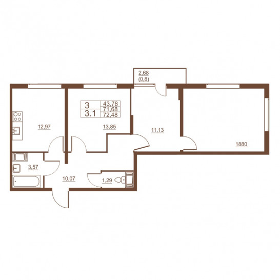 Трёхкомнатная квартира 72.48 м²