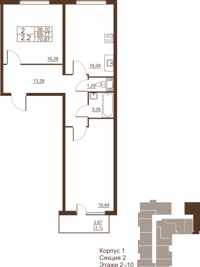 Двухкомнатная квартира 70.17 м²
