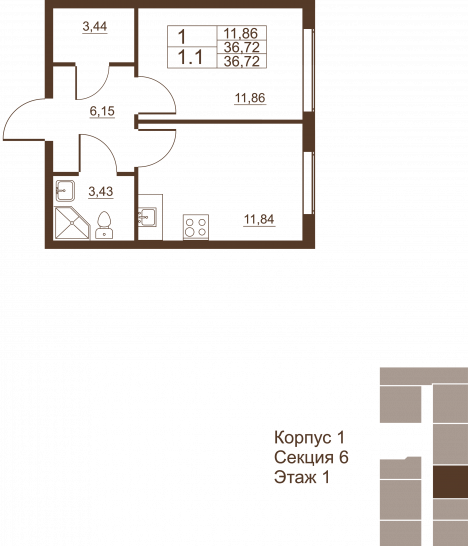 Однокомнатная квартира 36.72 м²