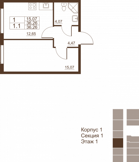 Однокомнатная квартира 36.26 м²