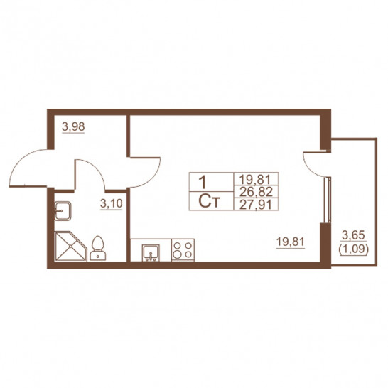 Студия 27.91 м²