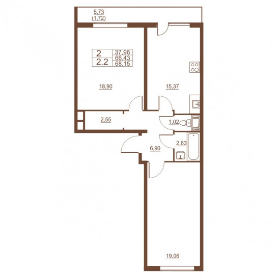 Двухкомнатная квартира 68.15 м²