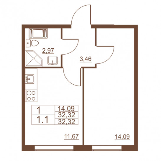 Однокомнатная квартира 32.32 м²