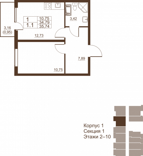 Однокомнатная квартира 35.74 м²