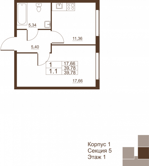 Однокомнатная квартира 39.78 м²
