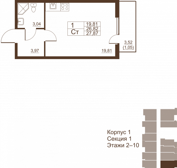 Студия 26.62 м²