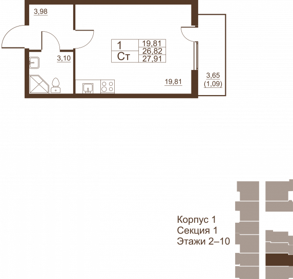 Студия 27.91 м²