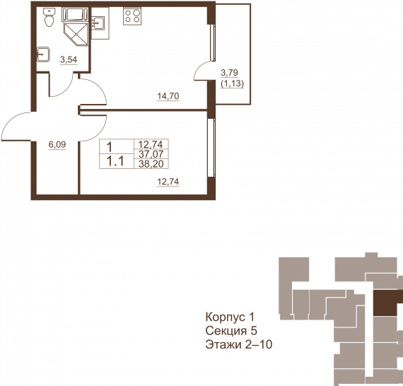 Однокомнатная квартира 36.95 м²