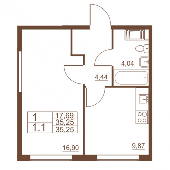 Однокомнатная квартира 35.25 м²