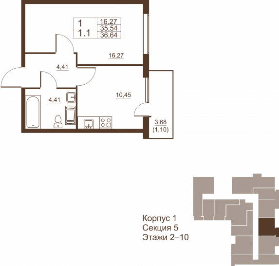 Однокомнатная квартира 36.64 м²