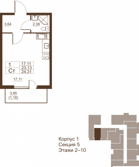 Студия 24.31 м²