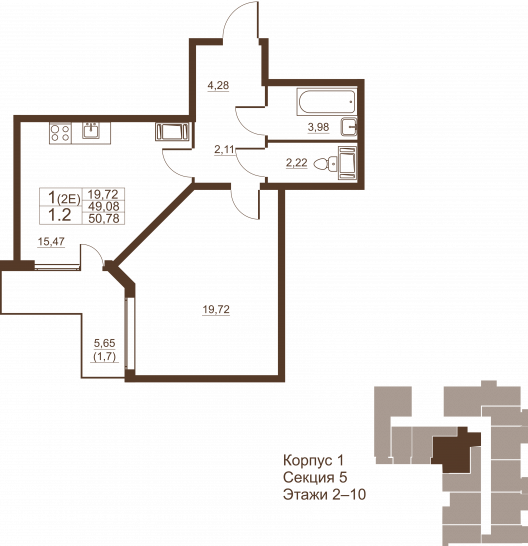 Однокомнатная квартира 50.78 м²