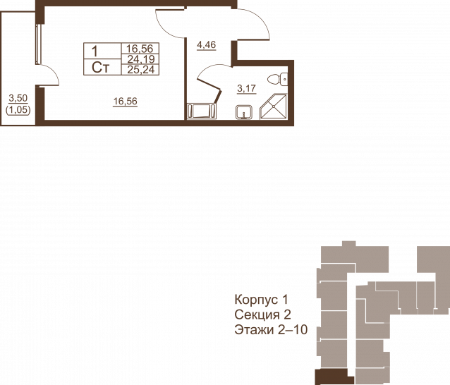 Студия 25.24 м²