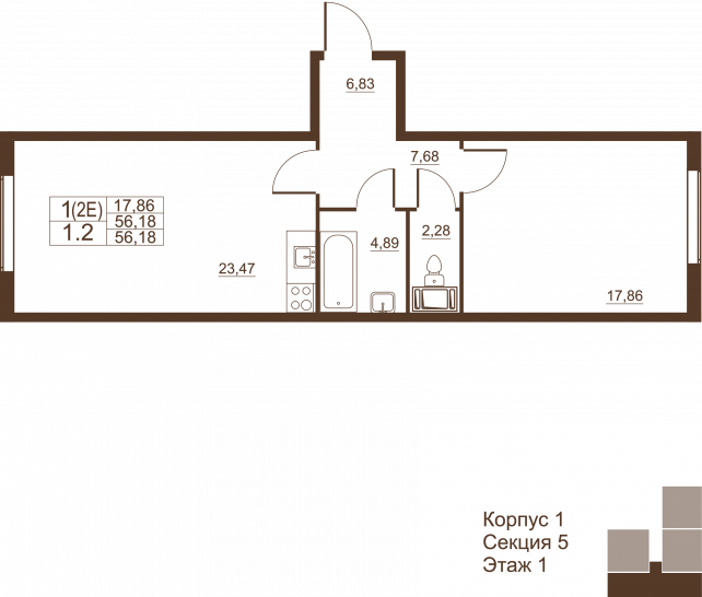 Однокомнатная квартира 56.18 м²