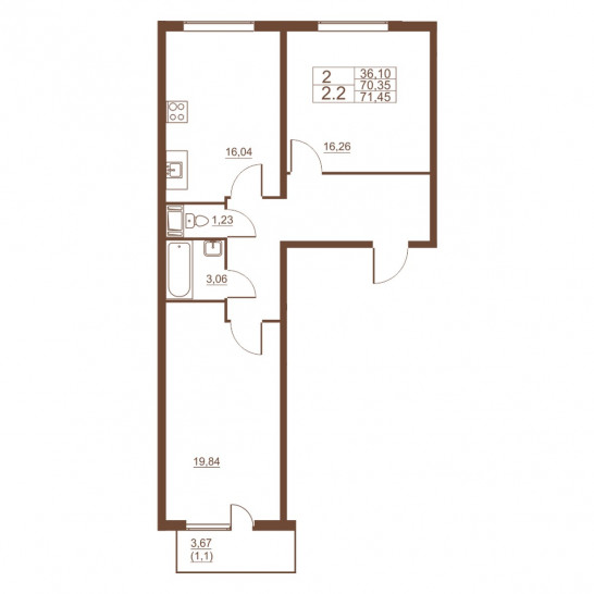 Двухкомнатная квартира 71.45 м²