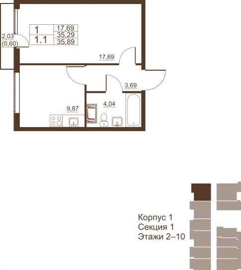 Однокомнатная квартира 35.89 м²