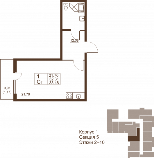 Студия 33.48 м²