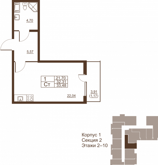 Студия 33.48 м²