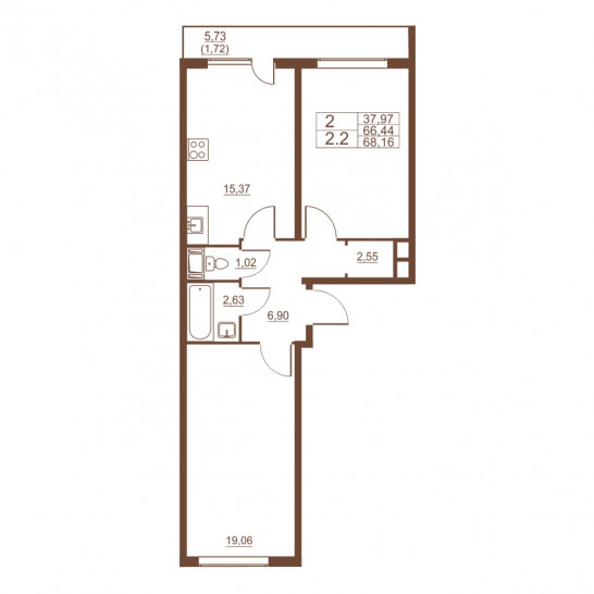Двухкомнатная квартира 68.16 м²