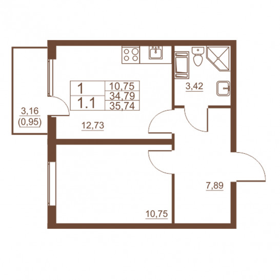 Однокомнатная квартира 35.74 м²