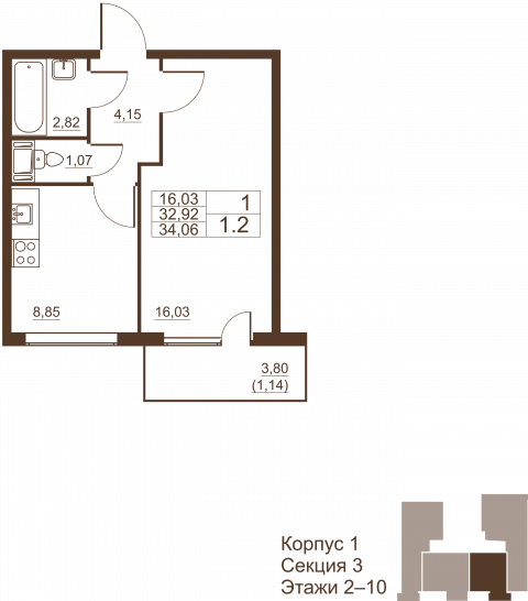 Однокомнатная квартира 34.06 м²