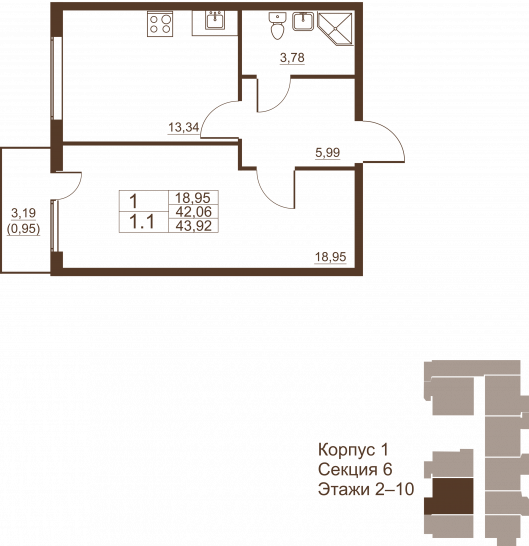 Однокомнатная квартира 43.92 м²