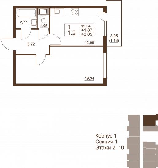 Однокомнатная квартира 43.05 м²