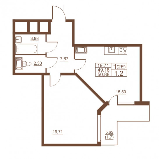 Однокомнатная квартира 50.88 м²