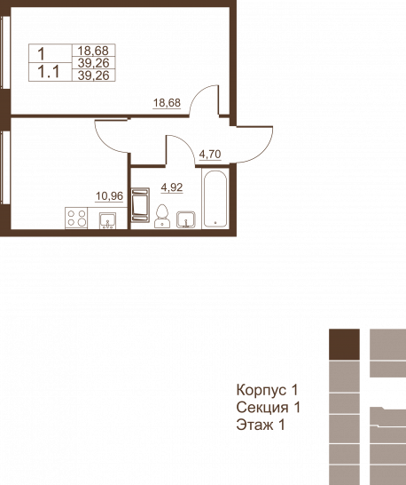 Однокомнатная квартира 39.26 м²