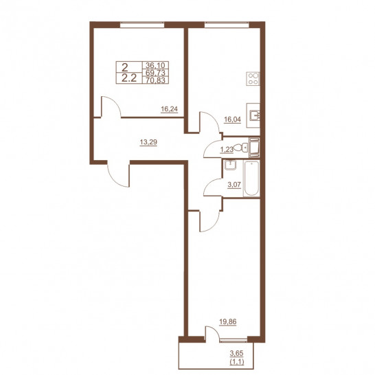 Двухкомнатная квартира 70.83 м²