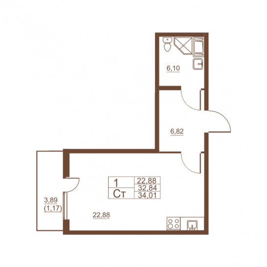 Студия 34.01 м²