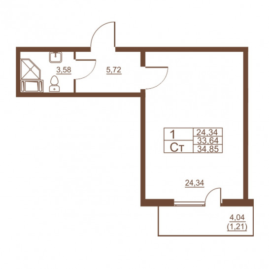 Студия 34.85 м²