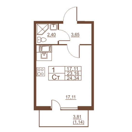 Студия 24.34 м²