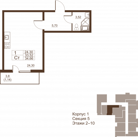 Студия 34.66 м²