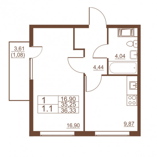 Однокомнатная квартира 36.33 м²