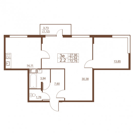 Трёхкомнатная квартира 72.76 м²
