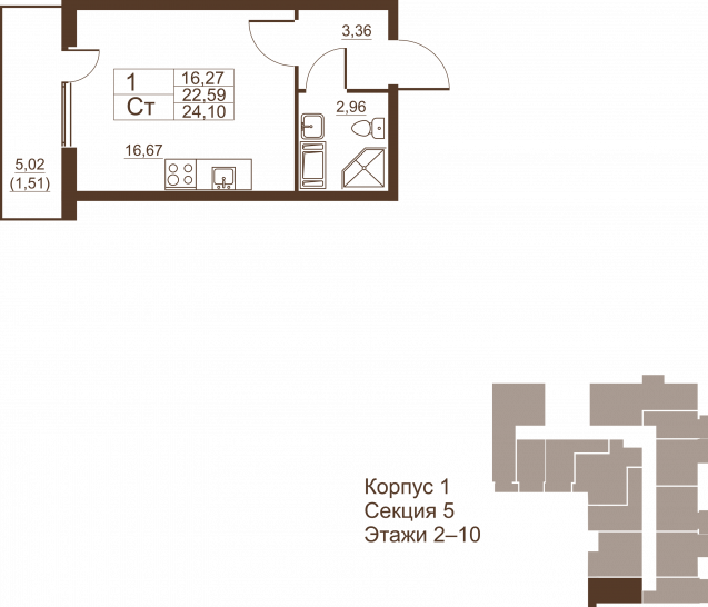 Студия 24.1 м²